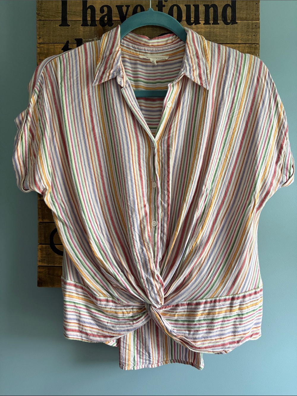 Lou & Grey for LOFT Button-Front Short Sleeve Twist Hem Striped Top - Multicolor